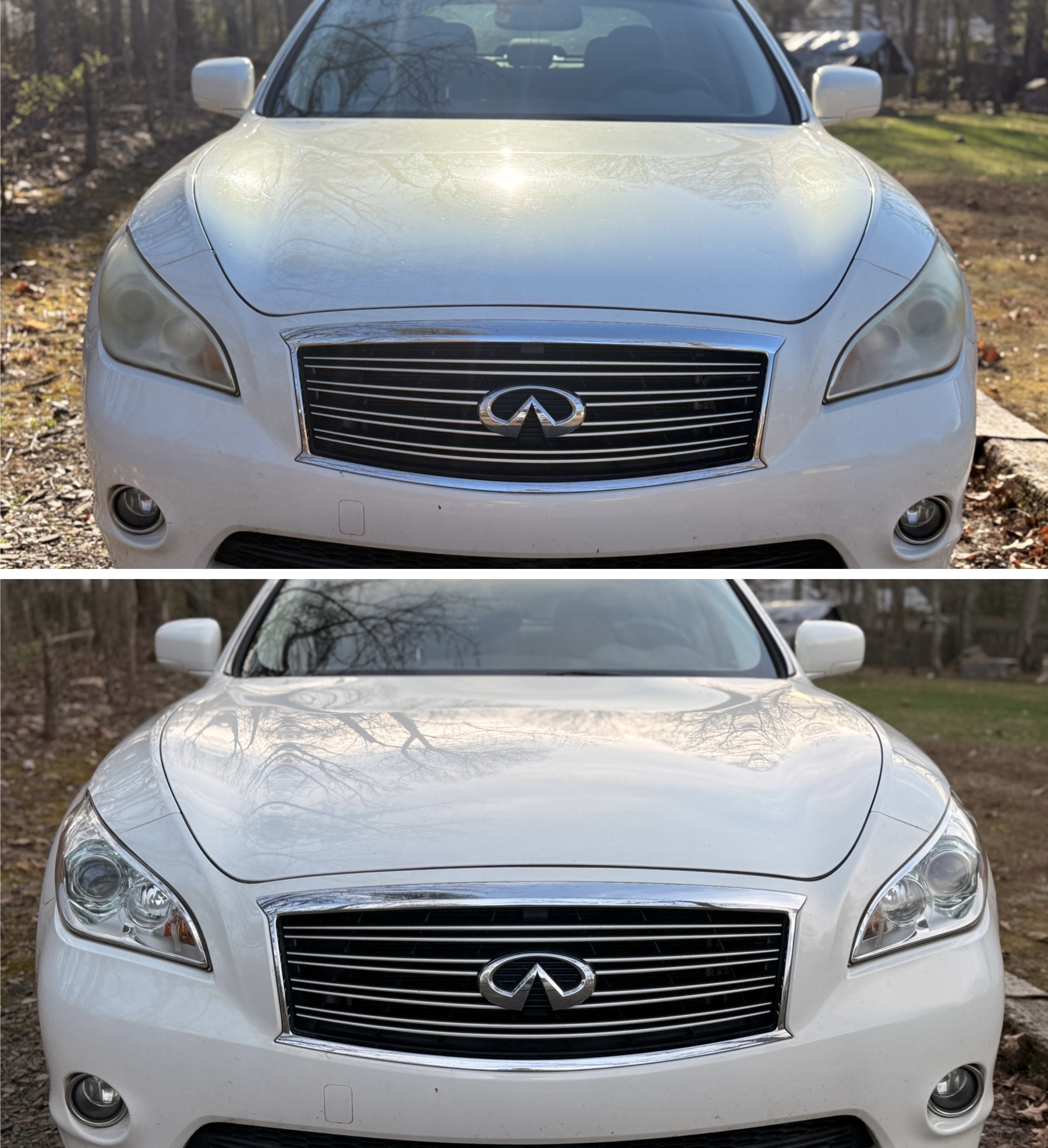 Infiniti Headlight Restoration before and after comparison showing professional headlight restoration results in Greensboro