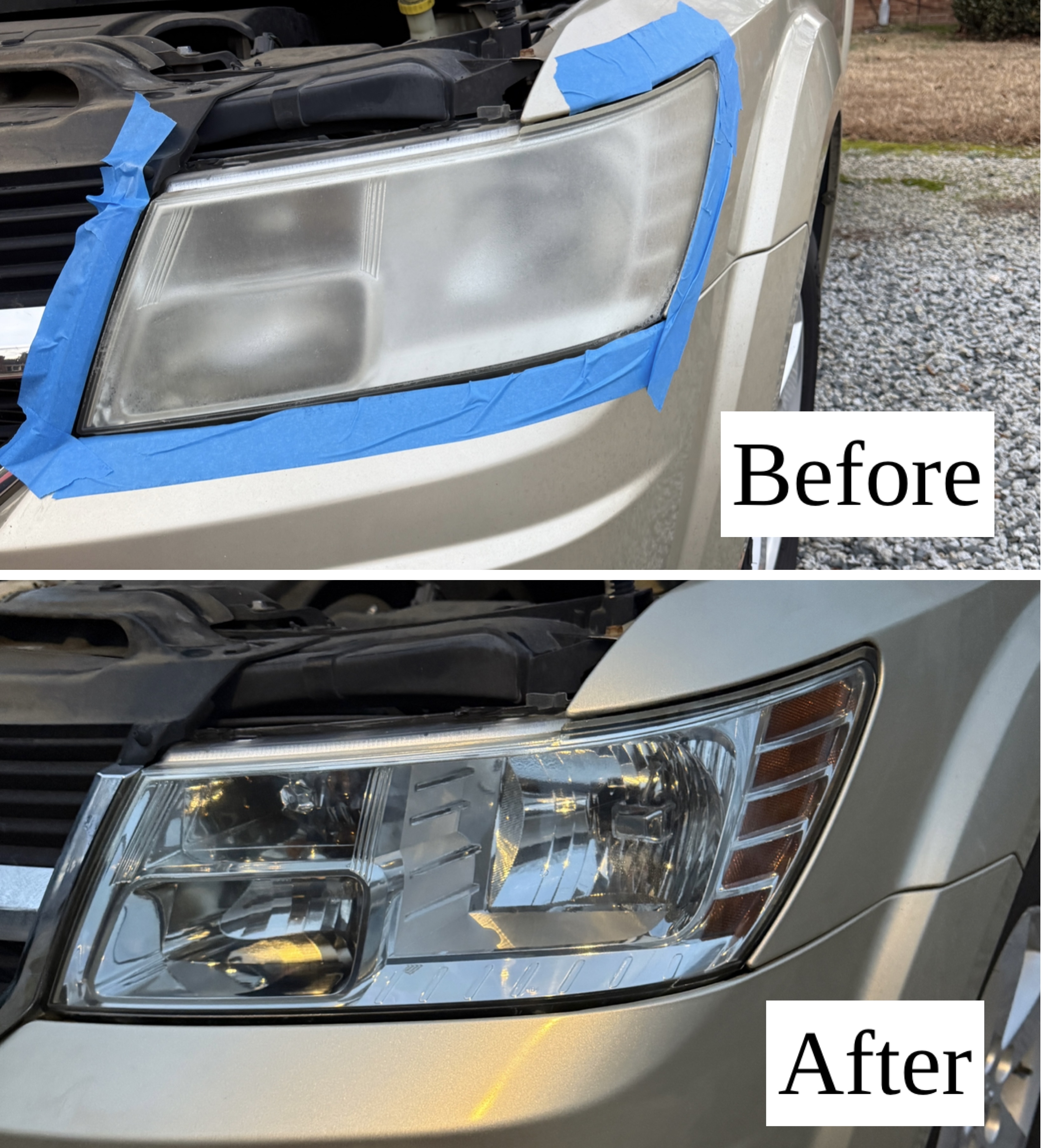 Headlight Restoration Transformation before and after comparison showing professional headlight restoration results in Greensboro
