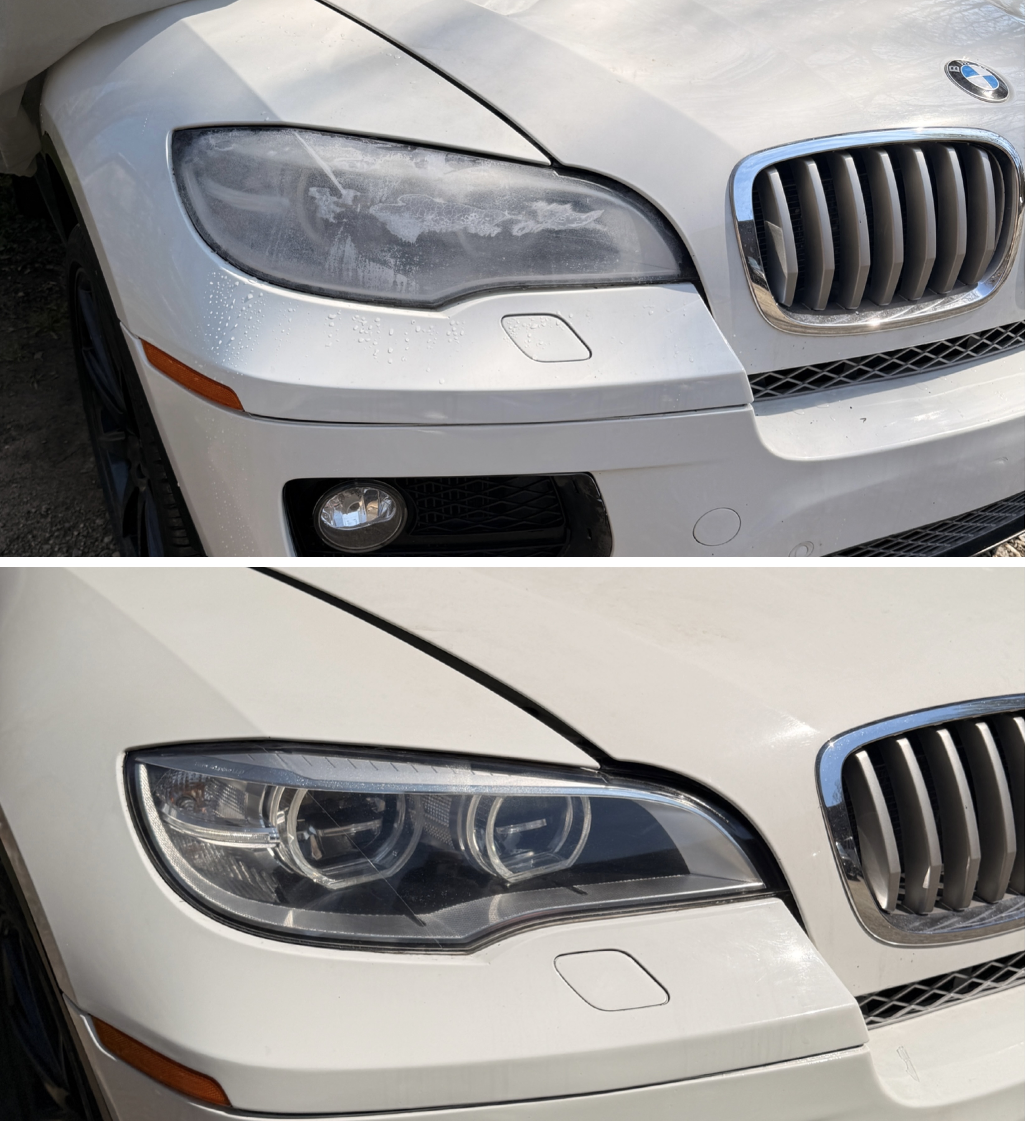 Professional headlight restoration on a BMW luxury vehicle — clear lens after OptiGlow multi-stage restoration, Triad NC