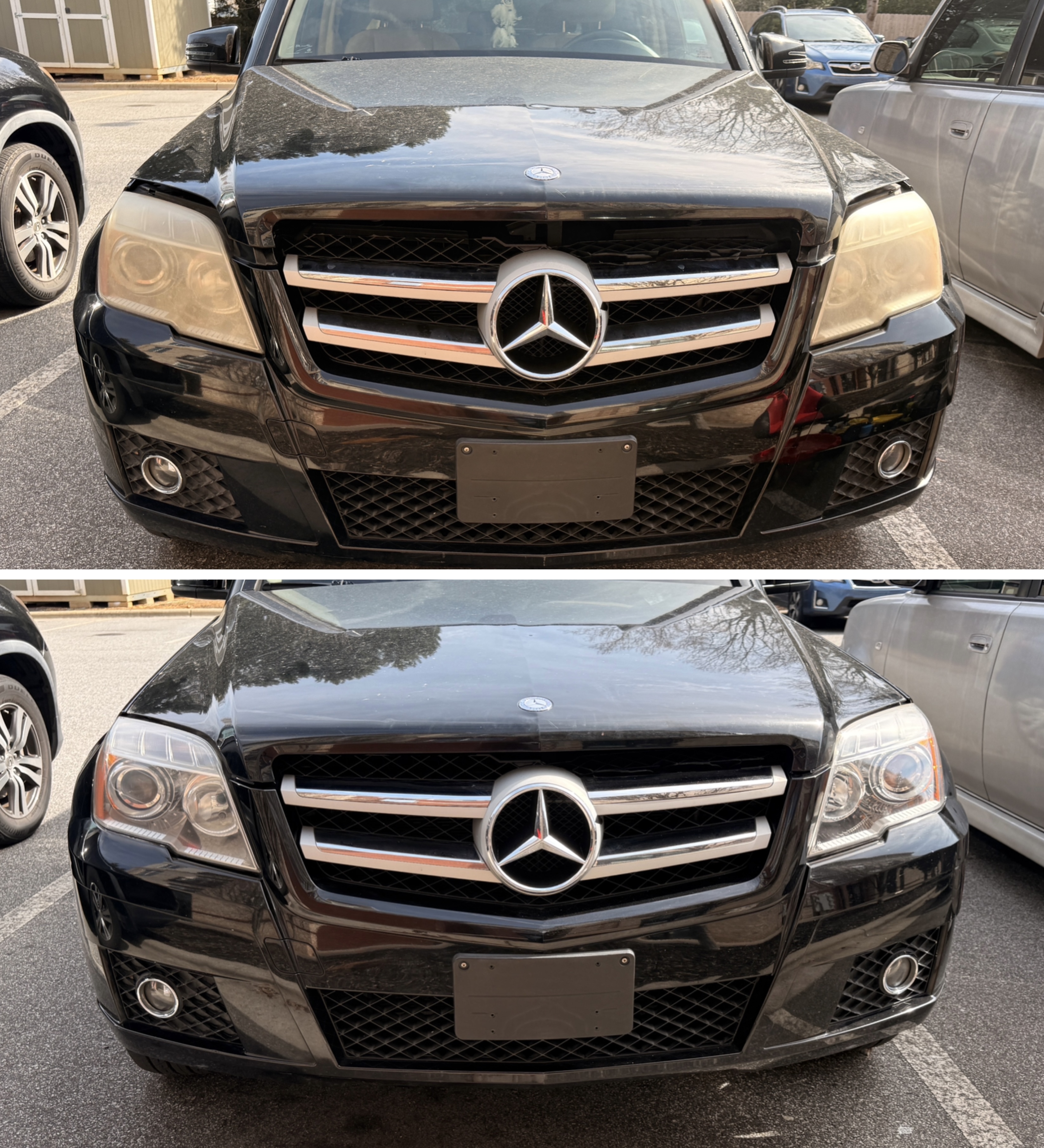 Headlight restoration before and after on a Mercedes SUV — OptiGlow mobile headlight restoration, North Carolina