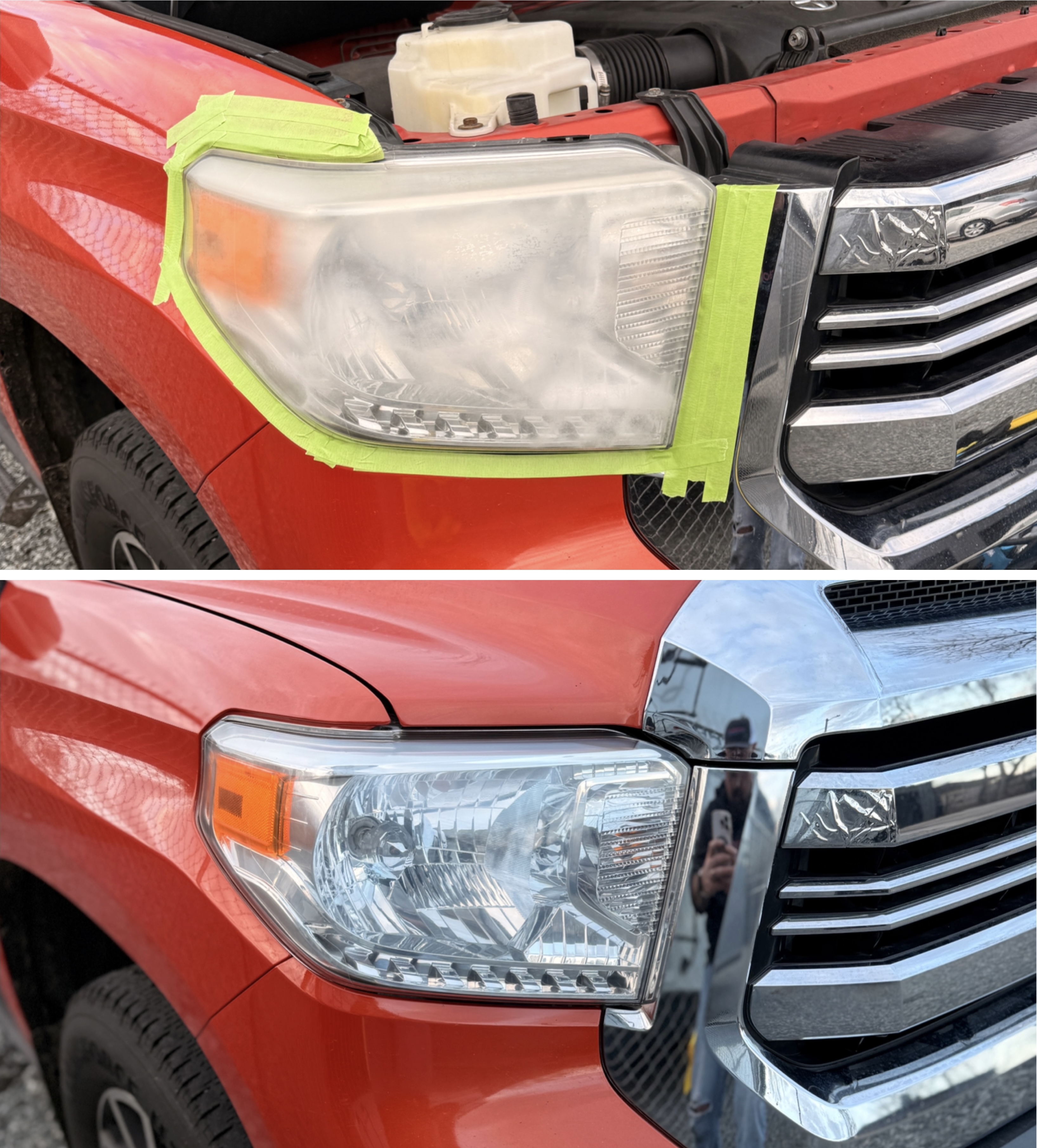 Before and after headlight restoration on a full-size truck — OptiGlow mobile service, Greensboro NC